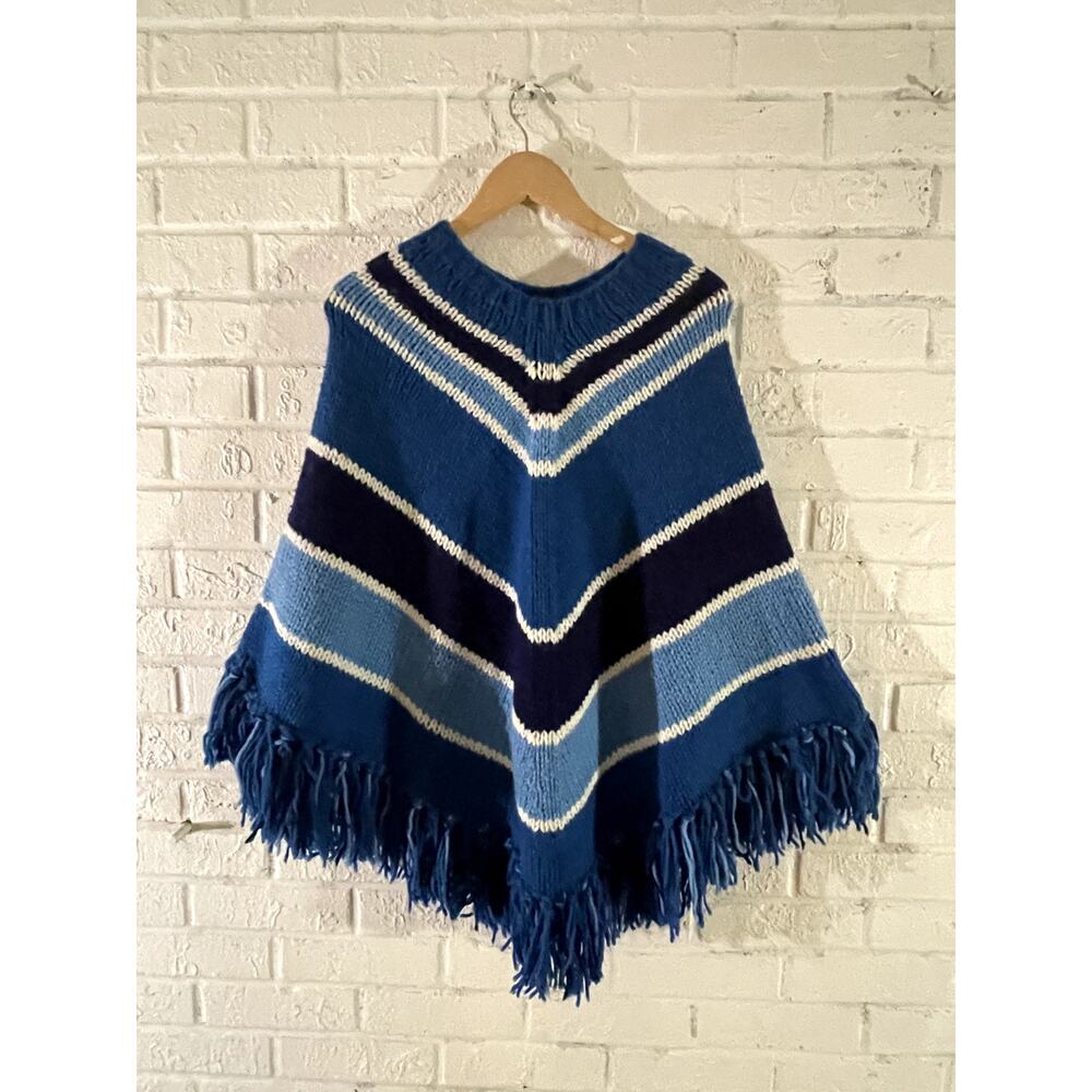 Fringe Poncho Handmade Vintage Blue Knit | Boho Chevron One size